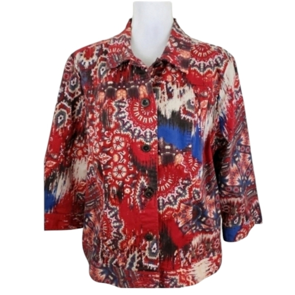 CHICO’S~Woman Size 3(XL)~Red/Blue Cotton Blend Light Jacket 3/4 Sleeve Unlined. - Picture 1 of 11